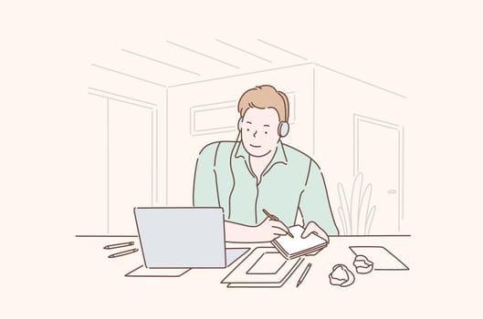 Young, enthusiastic, busy, creative person satisfied with their work, success in Business or Career growth. Promising Businessman at the office concept. Cartoon flat Design Isolated Vector illustration