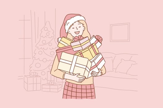 Positive, successful, emotional Santa girl concept. Young, happy woman or teenager in a Santa hat keeps boxes of gifts at home for Christmas or New year. Cartoon flat Design Isolated Vector illustration
