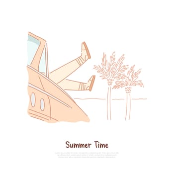 Tourist relax on exotic beach, recreation on sunny shore with palm trees, road trip, summer vacation banner. Summertime relaxation, tropical resort concept cartoon sketch. Flat vector illustration