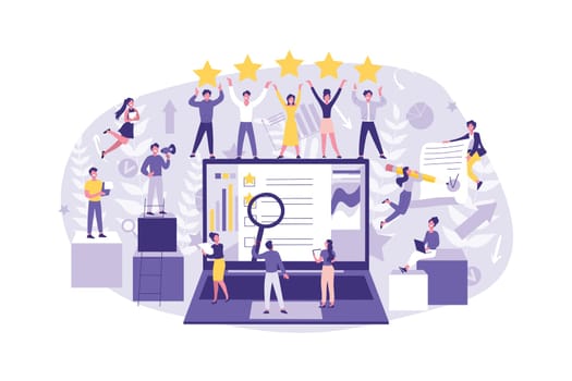 Business Concept Evaluations Leadership, Search, Analysis. Big well Coordinated Group of Clerks Perform their Job, Test, Signed Contract. Team Work of Businessmen at the Office. Cartoon flat Design, Isolated Vector Illustration