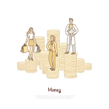 Bank loan, shopper holding bags, successful businesswoman, happy doctor, young scientist, job salary comparison banner. People standing on coin stacks concept cartoon sketch. Flat vector illustration