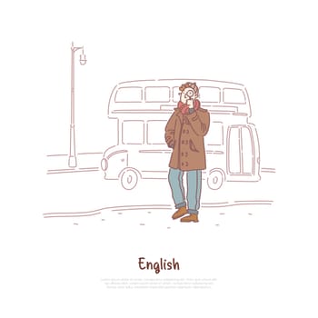 Young man in coat, detective holding magnifier, double decker bus, english culture exploration, travel to London banner. Holiday trip to Great Britain concept cartoon sketch. Flat vector illustration