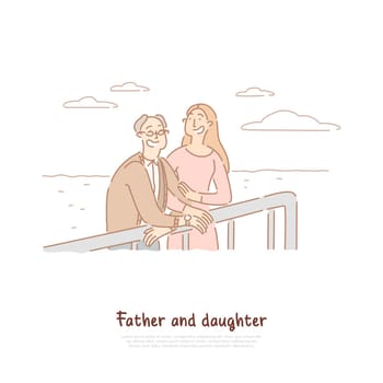 Old father and adult daughter spend time together, young woman and retired man, happy family relationship banner. Fatherhood, Father day celebration concept cartoon sketch. Flat vector illustration