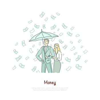 Rich couple with umbrella, successful entrepreneurship, profitable investment, financial literacy, lottery banner. Millionaire under cash rain concept cartoon sketch. Flat vector illustration