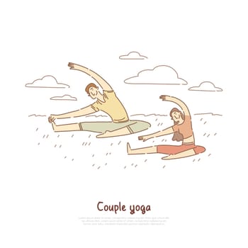 Husband and wife doing gymnastics together, fitness exercise outdoor, people in sportswear, healthy lifestyle banner. Couples yoga, pilates class concept cartoon sketch. Flat vector illustration