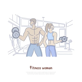 Man and woman working out in gym, bodybuilders couple lifting weight, dumbbells, fitness coaching service banner. Sport training, healthy lifestyle concept cartoon sketch. Flat vector illustration