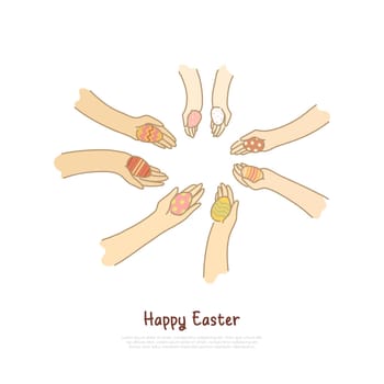 Decorated pysanka in hands, people sharing presents, togetherness, easter game, paschal eggs hunting banner. Spring religious holiday tradition concept cartoon sketch. Flat vector illustration