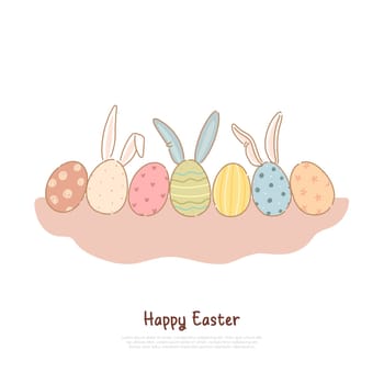 Colorful pysanka with decorative ornament and bunny ears, april holiday tradition, easter celebration banner. Decorated paschal eggs collection concept cartoon sketch. Flat vector illustration