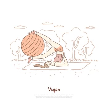 Young slim woman doing exercise with ball, outdoor yoga, pilates exercise, fresh air workout, vegetarian diet banner. Fitness and healthy nutrition concept cartoon sketch. Flat vector illustration