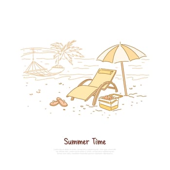 Holiday vacation, tropical beach with hammock on palm tree, umbrella, drinks in cooler bag, travel agency service banner. Summer time, paradise island concept cartoon sketch. Flat vector illustration