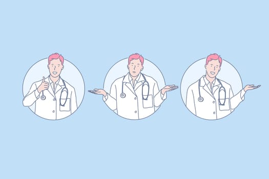Like, question, promotion set concept. Young man doctor shows like. Happy guy therapist is making promotion or offer. Healthcare worker does not know answer on complicated question. Simple flat vector