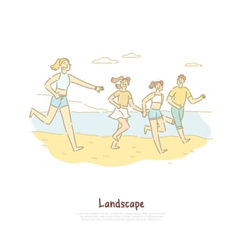 Happy people running on sea shore, friends travel to sand beach, landscape tourism, family vacation banner. Summer recreation, tropical resort concept cartoon sketch. Flat vector illustration