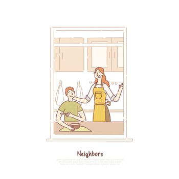 Neighbors in window frame, couple having breakfast, man and woman talking in kitchen, mom cooking meal banner. Neighborhood, apartment building concept cartoon sketch. Flat vector illustration