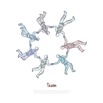 Parachuting group, friends holding hands in free falling, active recreation, team building exercise, skydiving class banner. Teamwork, extreme leisure concept cartoon sketch. Flat vector illustration