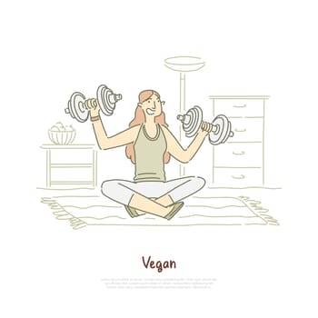 Cheerful woman working out with dumbbells, fitness exercise, girl sitting in lotus pose, vegetarian lifestyle banner. Sport and organic nutrition concept cartoon sketch. Flat vector illustration