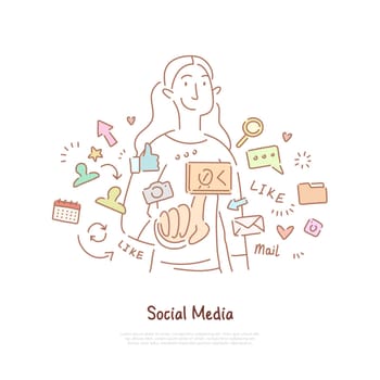 Young woman surrounded with likes, comments, trendy lifestyle, internet recreation, online communication, modern leisure banner. Social media network concept cartoon sketch. Flat vector illustration
