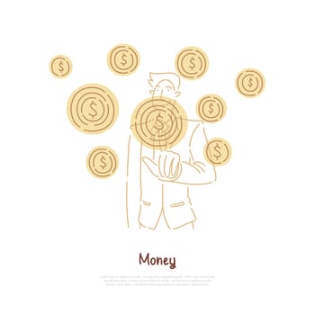 Businessman pointing at dollar symbol, business development, economic structure, money management banner. Banking network, online payment system concept cartoon sketch. Flat vector illustration