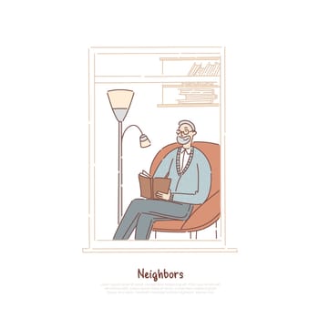 Senior man in window reading book, psychiatrist private office, grandfather neighbor sitting in armchair, making notes banner. Apartment building room concept cartoon sketch. Flat vector illustration