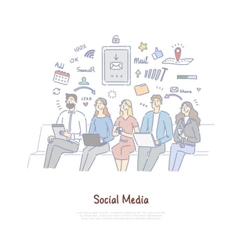 Friends communicating in digital space, internet technology, online chatting, social media addiction banner. People sitting with portable devices concept cartoon sketch. Flat vector illustration