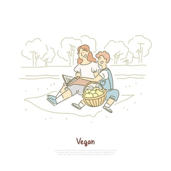Cheerful vegan mother with son, family outdoor rest, woman reading book, fresh apples in basket, vitamin diet banner. Vegetarian picnic in park concept cartoon sketch. Flat vector illustration