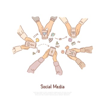 Friends chatting, online interactions, hands holding smartphones, internet communication network banner. Social media addiction, obsession exercise concept cartoon sketch. Flat vector illustration
