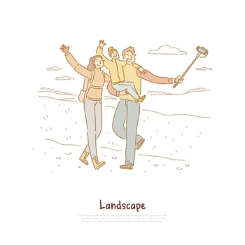 Happy parents with daughter taking selfie together, backpackers with child on hiking trip, nature leisure banner. Family trekking, outdoor recreation concept cartoon sketch. Flat vector illustration