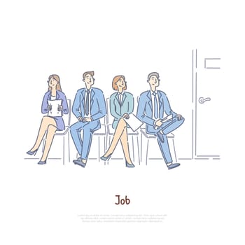 Unemployed men and women sitting in waiting room, vacancy competition, employment agency, recruitment service banner. Job interview queue, work search concept cartoon sketch. Flat vector illustration