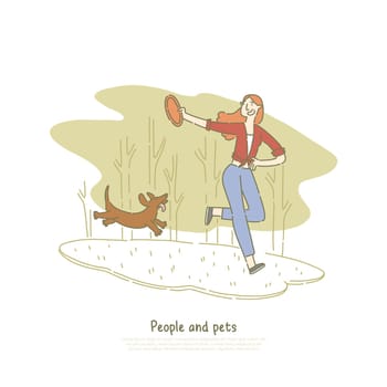 Woman playing with dachshund dog, girl throwing toy for puppy, pet and owner running, walking in park banner template. Human and animal friendship concept cartoon sketch. Flat vector illustration
