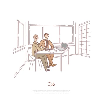 Job interview, employer and candidate discussing employment contract, business partners, workers brainstorming banner. HR agency, recruitment service concept cartoon sketch. Flat vector illustration