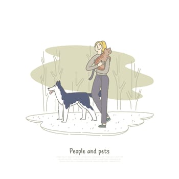 Woman walking with border collie dog in park, girl carrying cat, owner with pet in forest banner template. People and animals best friends concept cartoon sketch. Flat vector illustration