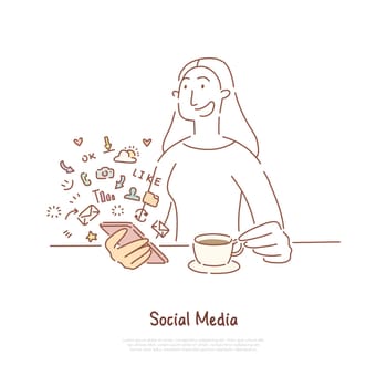Young woman drink tea and chatting, hot beverage and social media, online communication, trendy leisure banner. Cheerful girl holding smartphone concept cartoon sketch. Flat vector illustration
