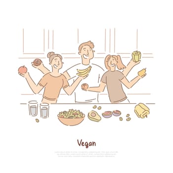 Happy people on kitchen, mother, father and daughter holding fresh fruits and vegetables, vegetarian nutrition banner. Vegan family, healthy lifestyle concept cartoon sketch. Flat vector illustration