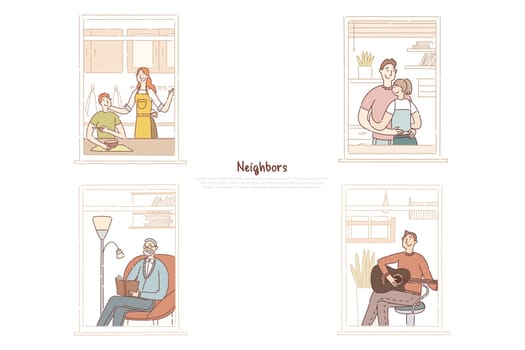Neighbors in apartment windows, married couple hugging, senior man reading book, young guy playing guitar banner. Multi storey residential building concept cartoon sketch. Flat vector illustration