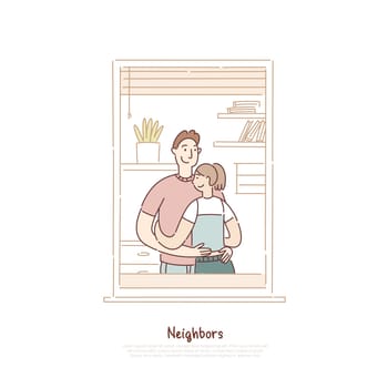Neighbors in window frame, couple hugging, man and woman, father with daughter in room banner template. Neighborhood, multi storey apartment building concept cartoon sketch. Flat vector illustration