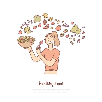 Healthy food, woman eating vegetables salad, vegetarian diet, vitamins and nutrition rich veggies banner. Organic, eco meal, natural dinner concept cartoon sketch. Flat vector illustration
