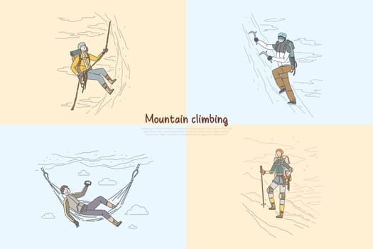 Mountain, rock climbing, alpinists using professional mountaineering equipment banner template. Traveling, trekking, peak bagging hobby concept cartoon sketch. Flat vector illustration