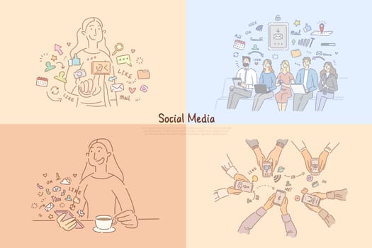 People using social media networks, online chatting, workflow management software, digital marketing banner. App advertising, Internet cloud service concept cartoon sketch. Flat vector illustration