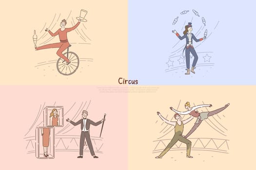 Circus performers in arena, illusionist showing magical tricks, juggler riding unicycle, acrobats exercising banner. Amusement, entertainment industry concept cartoon sketch. Flat vector illustration