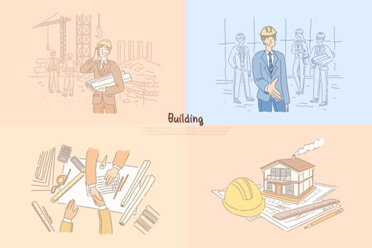 Building industry, construction site, young architect holding draft, business meeting, negotiation banner. Engineer, foreman, builder profession concept cartoon sketch. Flat vector illustration