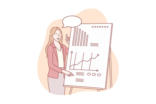 Presentation of business project concept. Young businesswoman shows presentation about company profit growth. Happy girl demonstrates project with graph and chart to investors. Simple flat vector