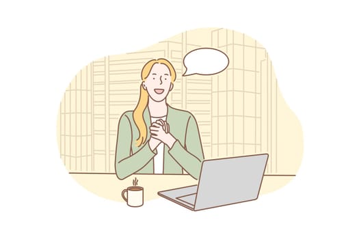 Business, good news, job interview concept. Young businesswoman heard good news sitting at table in office. Excited girl is happy to be taken at prestigious work in company. Simple flat vector