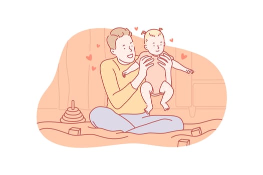 Fatherhood, playing, love, fathersday concept. Fatherhood is great responsibility. Young man father plays with his child on fathersday. Happy boy loves his baby daughter very much. Simple flat vector