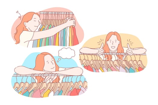 Shopping, clothing, collection, sale set concept. Woman hugs her collection of clothing. Girl thinks about new fashionable dresses. Consumer saw clothes on sale while shopping and shows like.