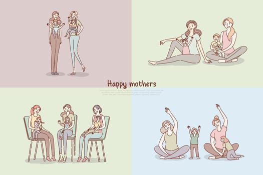 Happy mothers, young mom with newborn, parents with children exercising, babysitting banner template. Motherhood, parenthood, childcare concept cartoon sketch. Flat vector illustration