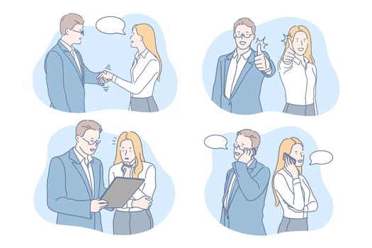Business, communication, coworking set concept. Young business man and businesswoman did teamwork or brainstorming. Boy and girl cowork. Business people communicate, show like sign. Simple flat vector
