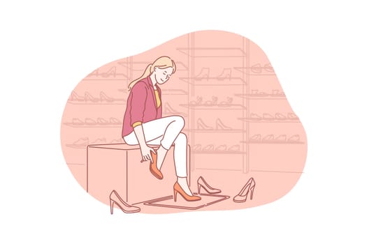 Shopping, fitting, footwear concept. Young woman goes hopping and tries shoes from new collection in fitting room. Happy satisfied girl consumer wants to buy fashionable footwear. Simple flat vector.