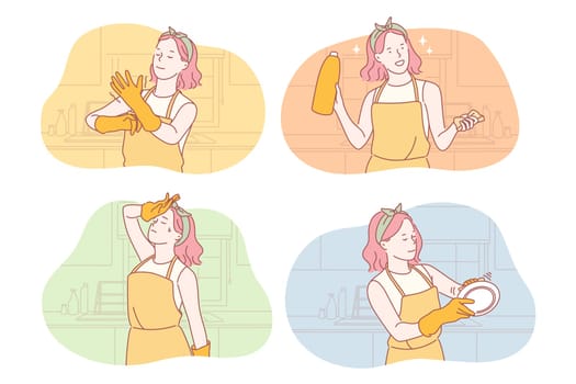 Housemaid or housekeeper set concept, Young woman housemaid does cleaning in kitchen. Girl housekeeper wiping plate thoroughly. Exhausted housewife wipes sweat out of forehead. Simple flat vector