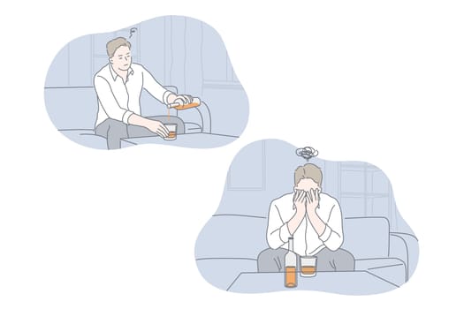 Depression, frustration, alcohol abuse, addiction, bout set concept. Young addicted frustrated man is alcohol abused and pours whiskey from bottle. Depressed and stressful boy alcoholic sits on couch.