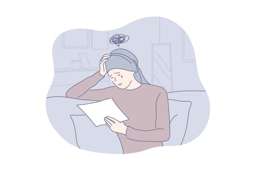 Depression, frustration, bad diagnosis concept. Depressed, frustrated woman is crying because of bad news, sitting on couch is hospice and reading chemiotherapy result. Depression raises stress level.