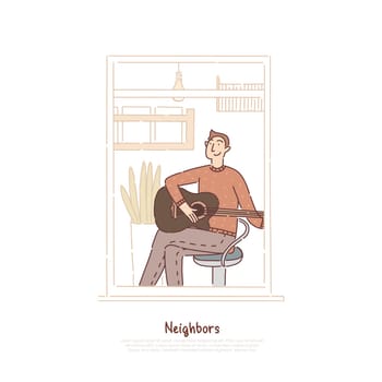 Young guy playing acoustic guitar, musician practicing, teenager leisure activity, pastime, man in room banner template. Neighbor in apartment window concept cartoon sketch. Flat vector illustration